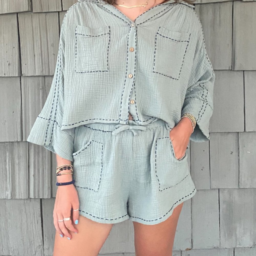 Blue Short Sleeve Short Set With Blue Thread Detail